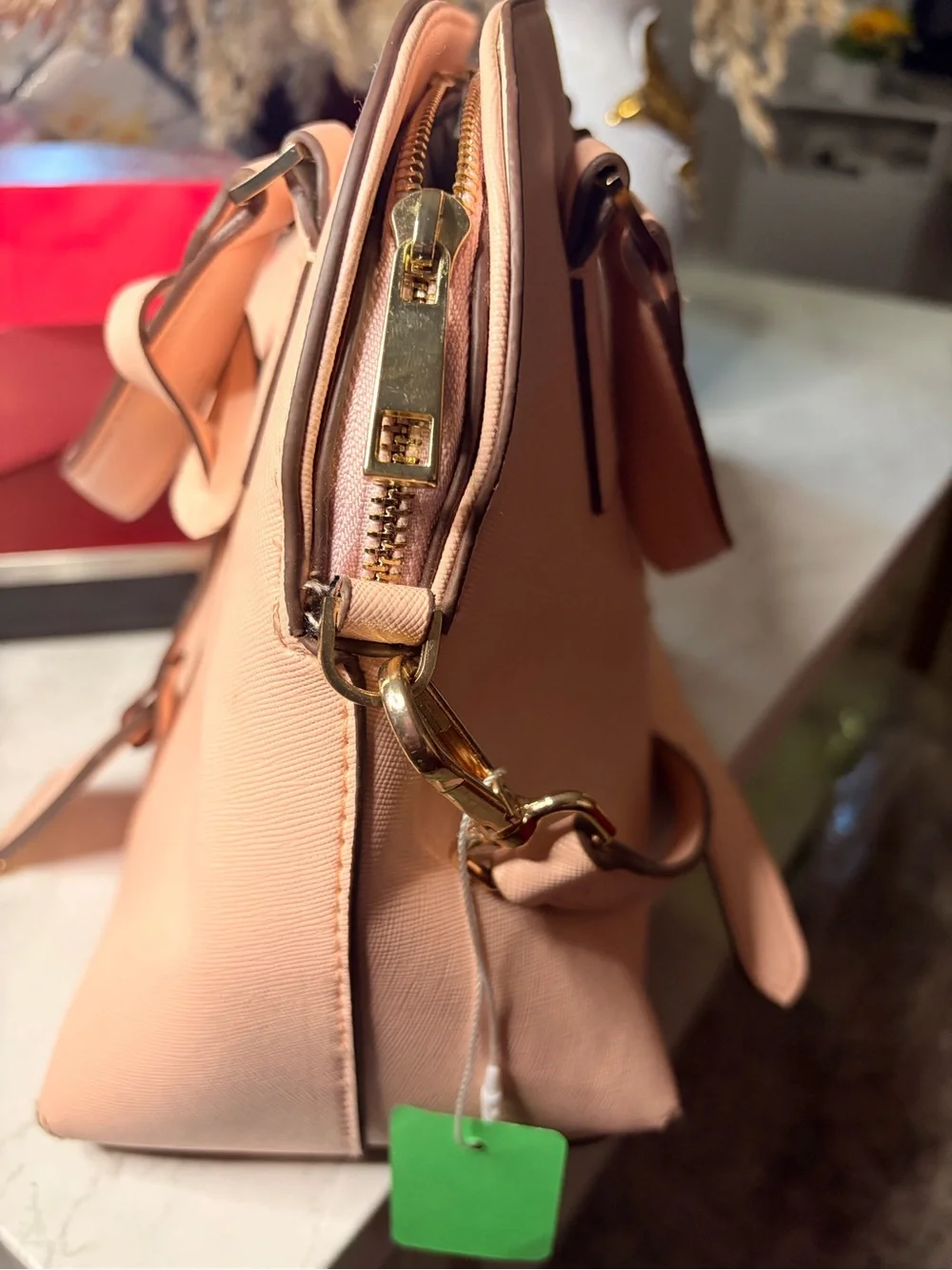 Women's Satchel Bag with Gold Heart Accent - Blush Peach